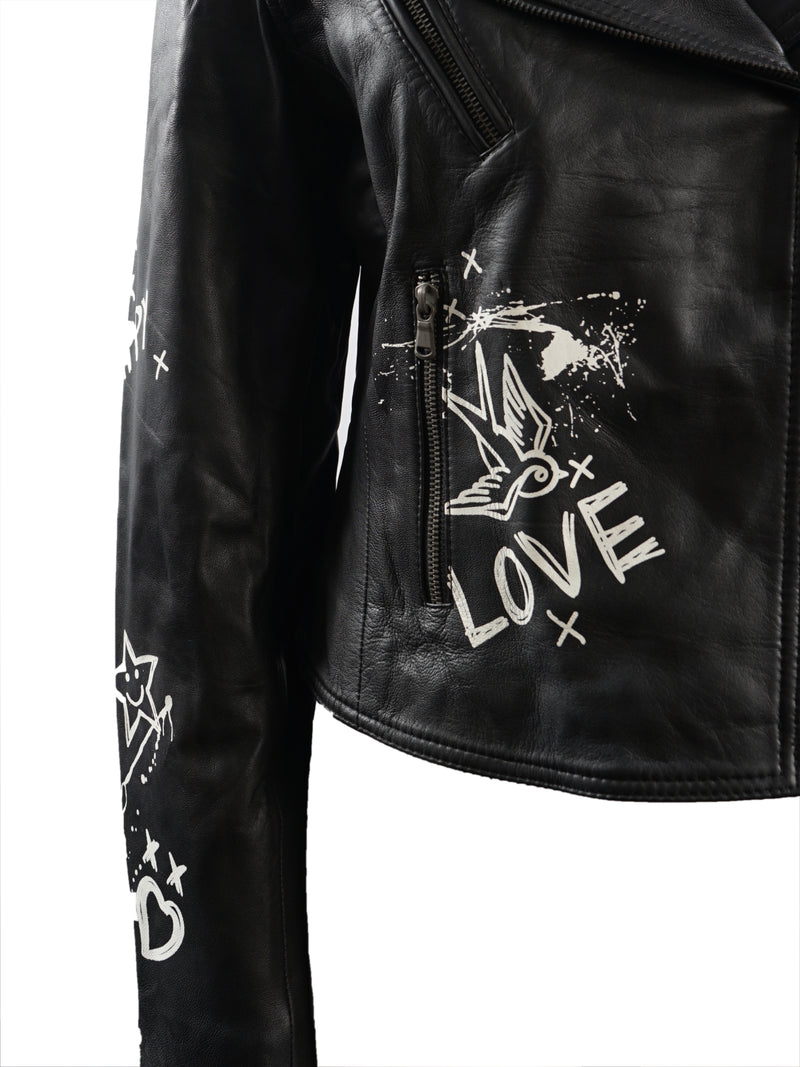 Black Leather Biker Jacket With Skull Printed Sleeves