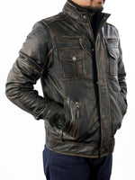 BOSTON MENS BIKER DISTRESSED LEATHER JACKET- BLACK/TAN