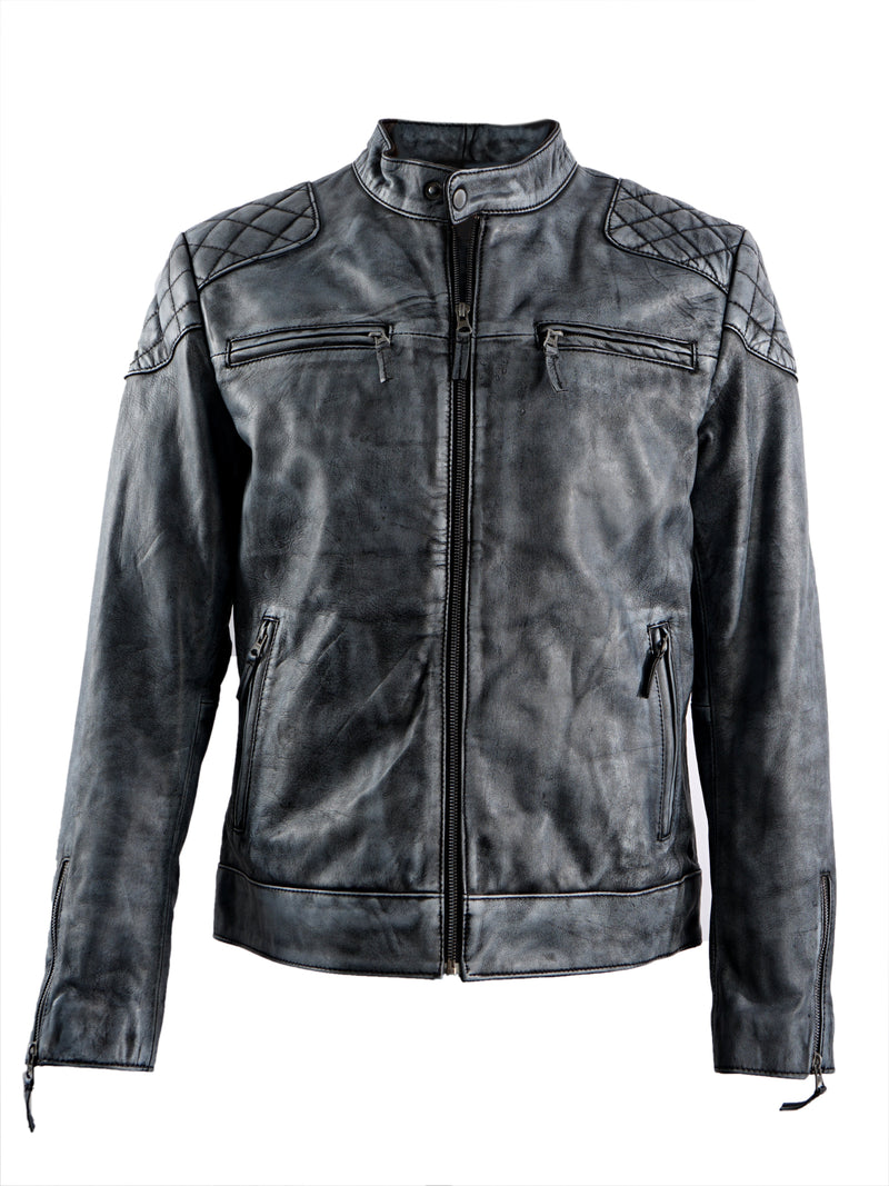 CLOUDY MENS VINTAGE BIKER LEATHER JACKET- BLACK/GREY