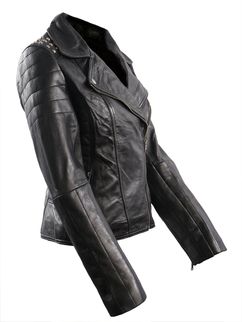 VICTORIA WOMENS BIKER LEATHER JACKET- BLACK