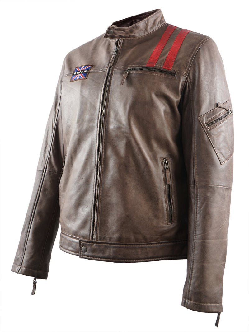 KINGSTON MENS BIKER LEATHER JACKET- BROWN