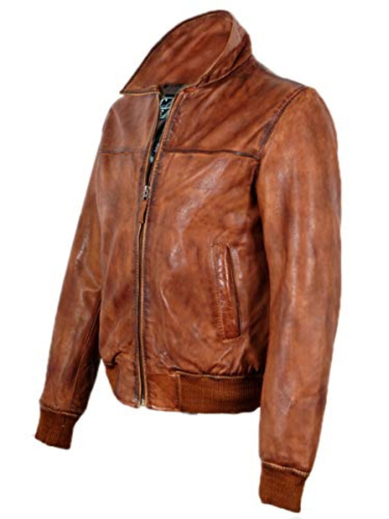 ADDISON MENS BIKER BOMBER DISTRESSED LEATHER JACKET: TAN