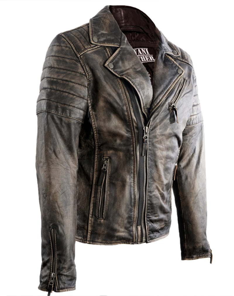 STEDMAN MENS BIKER VINTAGE DISTRESSED LEATHER JACKET- BLACK/TAN