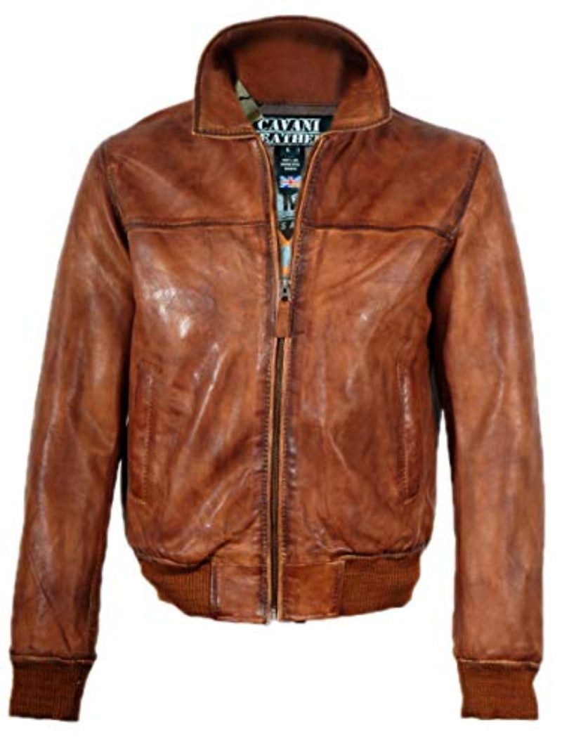 ADDISON MENS BIKER BOMBER DISTRESSED LEATHER JACKET: TAN