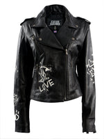 FLORIDA WOMENS BIKER LEATHER JACKET- BLACK PRINT