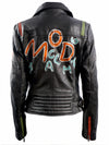 CALGARY WOMENS BIKER LEATHER JACKET- BLACK PRINT