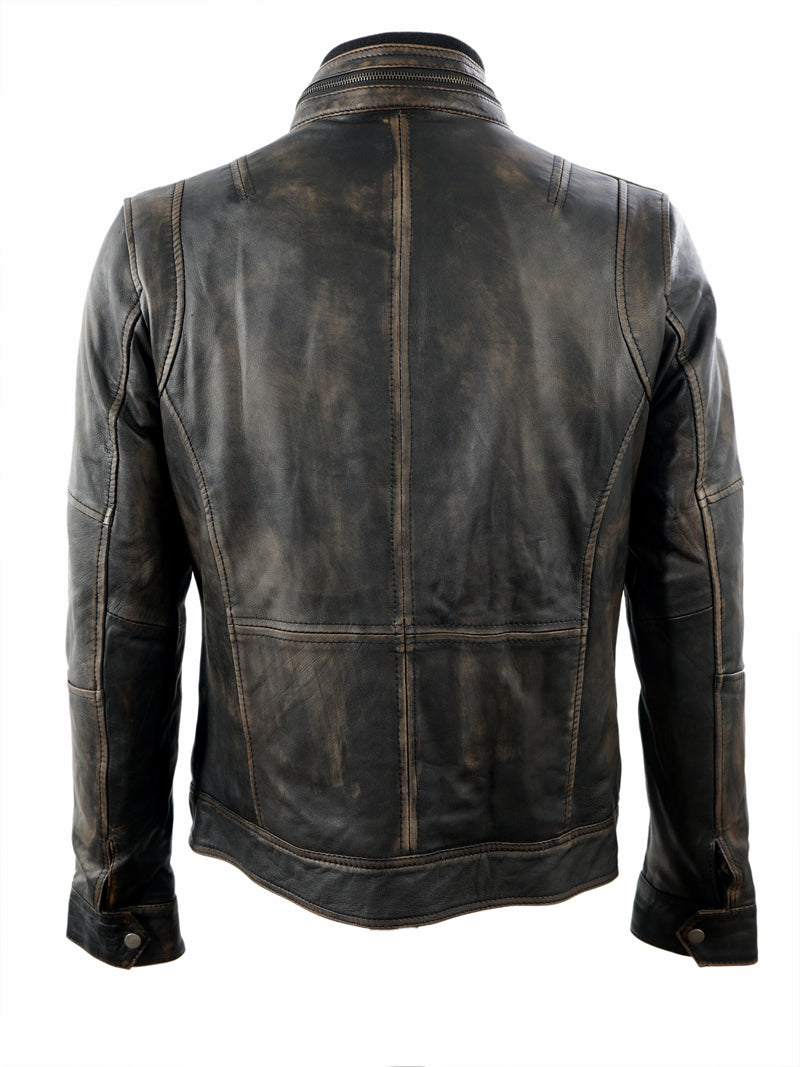 BOSTON MENS BIKER DISTRESSED LEATHER JACKET- BLACK/TAN