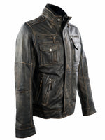 BOSTON MENS BIKER DISTRESSED LEATHER JACKET- BLACK/TAN