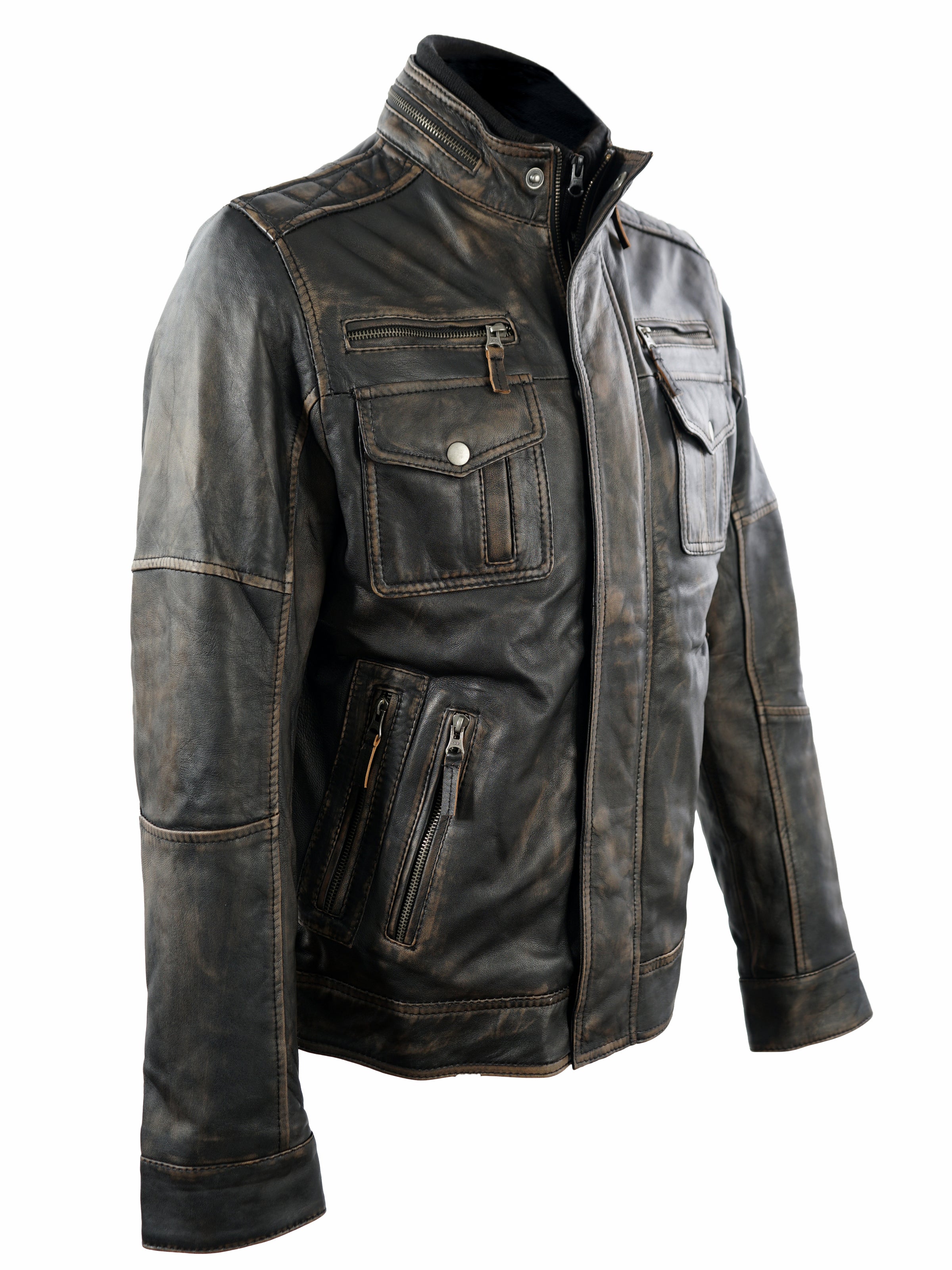 BOSTON MENS BIKER DISTRESSED LEATHER JACKET- BLACK/TAN – CAVANI LEATHER